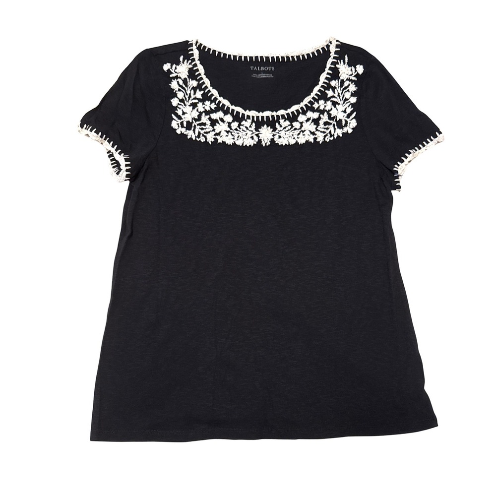 Talbots Womens Black Cotton Floral Embroidered Scoop Neck Tee Shirt Large NWT